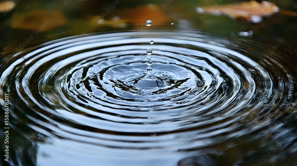 Poster single water drop creating concentric ripple circles on dark water surface with floating autumn leav