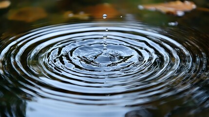 Single water drop creating concentric ripple circles on dark water surface with floating autumn leaves, captured in macro photography with sharp detail.