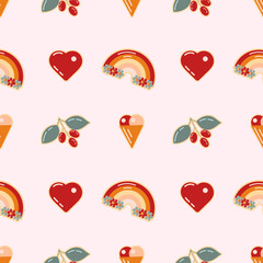 Seamless vector pattern featuring glossy retro-style hearts, rainbows, cherries, and ice cream. Cute sticker-inspired elements on a soft pink background. Perfect for kids products, packaging, fabric
