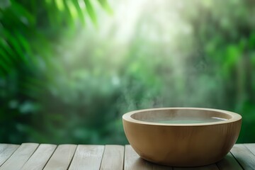 Empty wooden bowl on rustic table against blurred green garden background, natural light creates soft atmosphere for wellness and spa concepts.