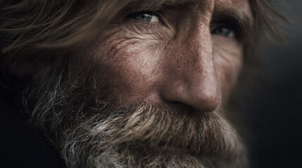 closeup portrait of homeless american man showcasing strikingly exaggerated expression of sadness