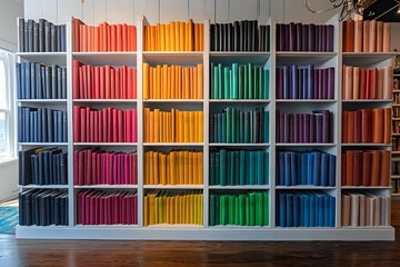 Colorful books arranged by spectrum colors on white wooden shelves creating rainbow pattern in library. Organized collection displays vibrant spines from blue to orange.