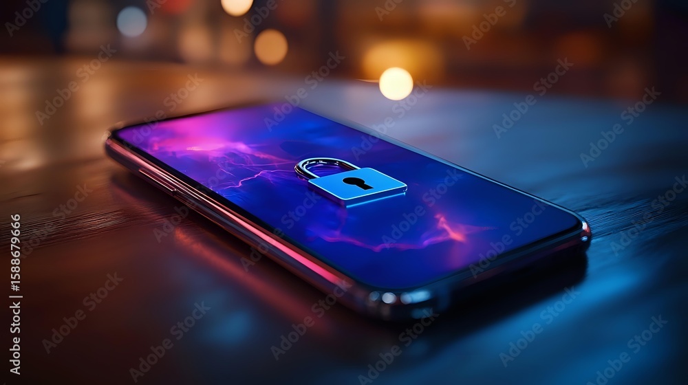 Aufkleber smartphone displaying glowing padlock icon on screen with blue and purple cybersecurity concept back