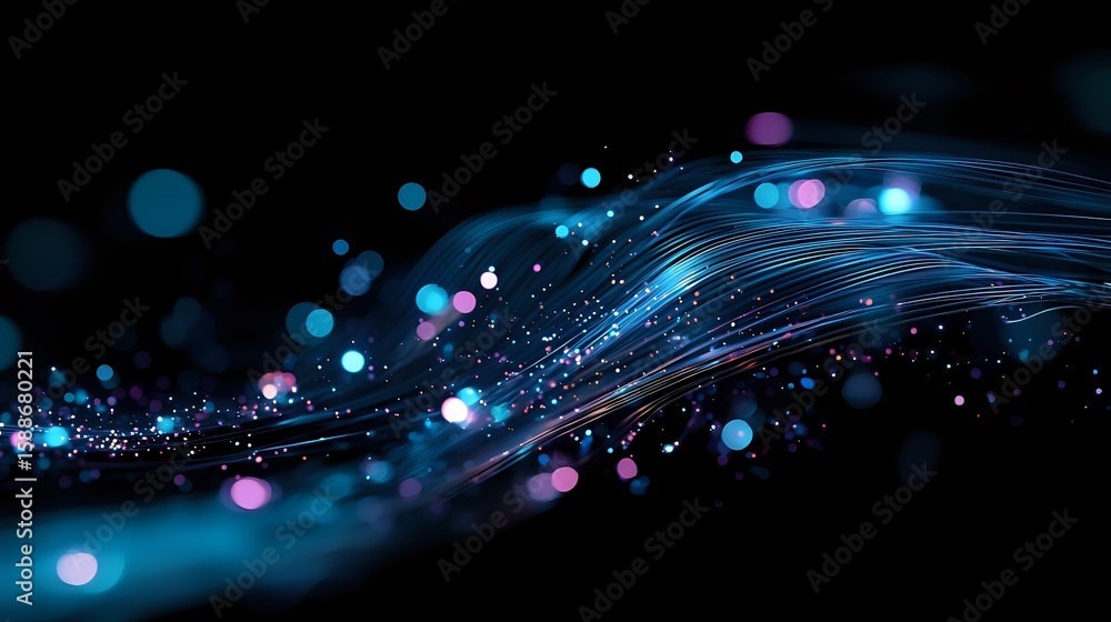 Aufkleber abstract flowing blue and purple light waves with glowing particles and bokeh effects on black backg