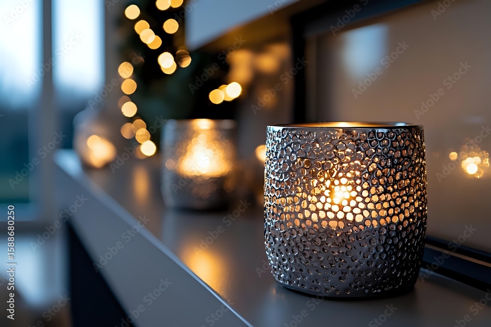 Poster glowing decorative candle holders with intricate mosaic pattern creating cozy atmosphere on windowsi