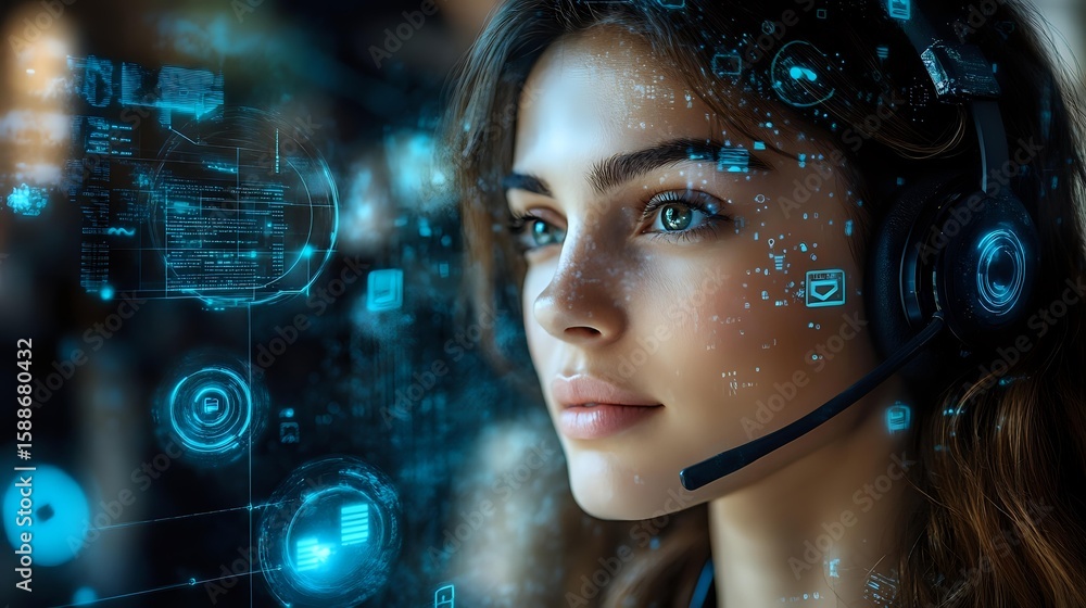 Poster Young female customer service representative with headset against futuristic digital interface background with glowing blue technology elements and data visualization.