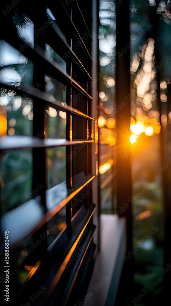 Poster sunlight streaming through window blinds creating dramatic shadows and warm bokeh effect at sunset, 
