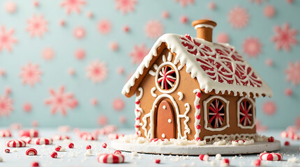 Festive gingerbread house adorned with candy canes and snowflake backdrop delights the eye