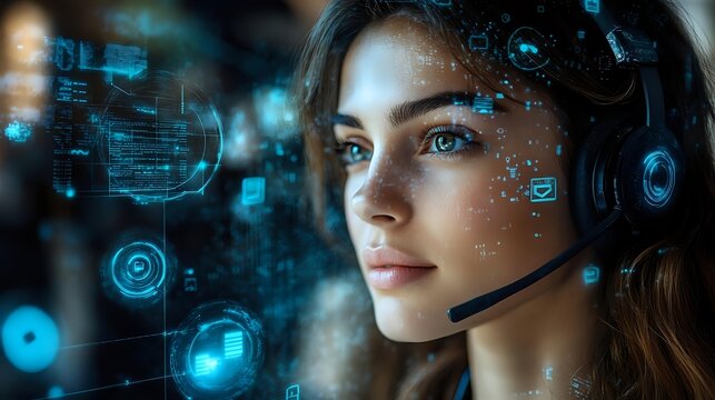 Young female customer service representative with headset against futuristic digital interface background with glowing blue technology elements and data visualization.