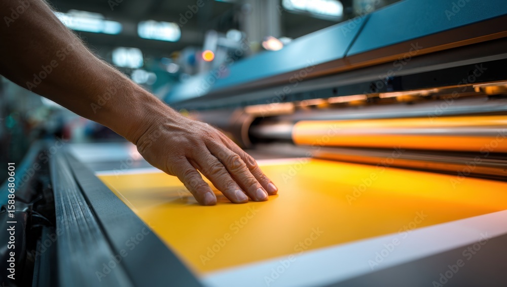 Poster skilled hands carefully inspect vibrant yellow print emerging from a large format printing machine i