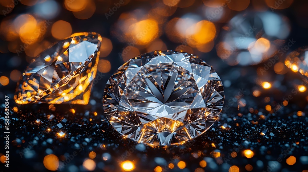 Poster sparkling diamonds on dark glittering surface with golden bokeh lights in background creating luxury