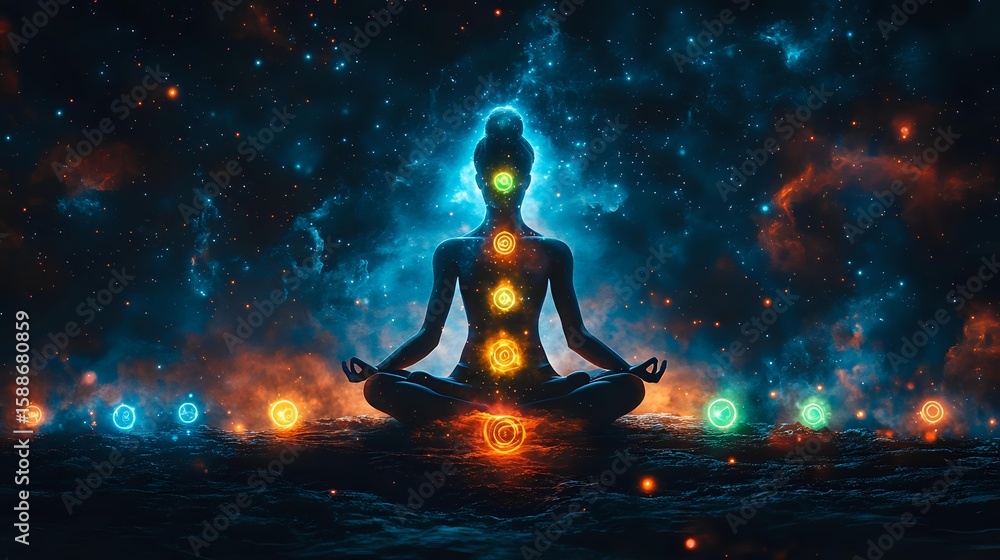 Aufkleber silhouette in lotus position with glowing chakra energy points against cosmic nebula background, flo