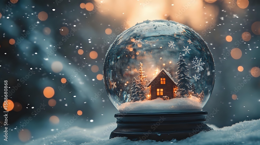 Poster magical snow globe with glowing cabin inside on snowy background with warm bokeh lights creating coz