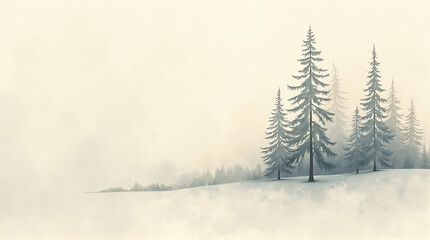 Fototapeta premium Serene winter landscape with fir trees in a foggy atmosphere, creating a peaceful scene