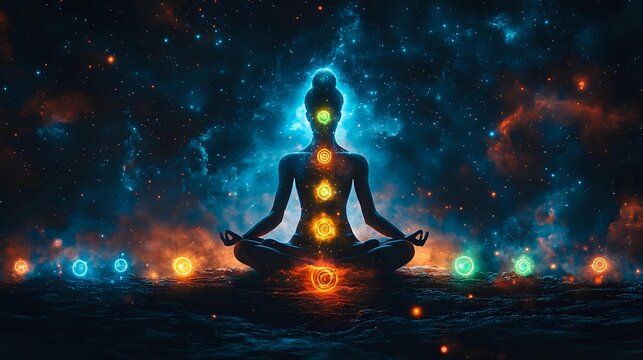 Silhouette in lotus position with glowing chakra energy points against cosmic nebula background, floating orbs of light creating mystical atmosphere.