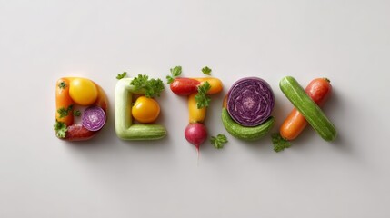 Sliced and whole colorful vegetables arranged on a white background, forming the word detox, promoting a healthy lifestyle and the benefits of natural ingredients for cleansing and well being