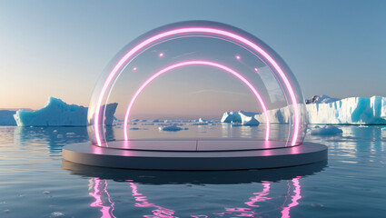 A glowing pink dome with neon lights sits on a round platform floating in a chilly ocean