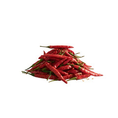 A vibrant pile of fresh red chili peppers on a white isolated background, showcasing their glossy texture and bright colors, perfect for culinary and food-related projects.