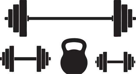 Collection of black silhouette weightlifting equipment including barbells and a kettlebell on white background