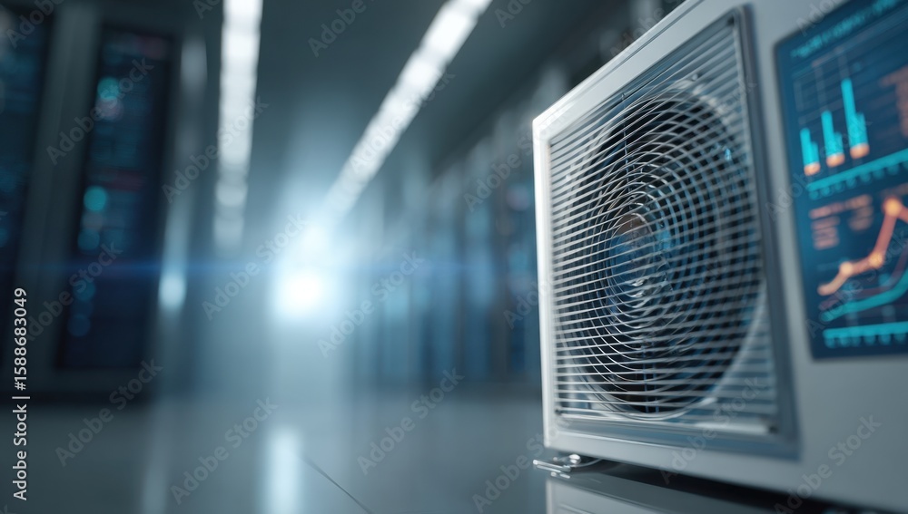 Aufkleber sleek modern air conditioning unit hums quietly in a futuristic server room, glowing digital display