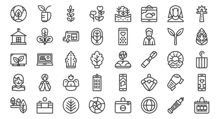 A diverse collection of line art icons representing nature, technology, business, and lifestyle elements
