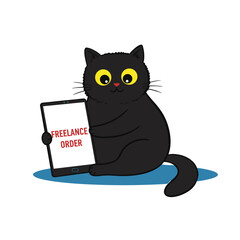 Fluffy black cat with round yellow eyes checking freelance order on smartphone  
