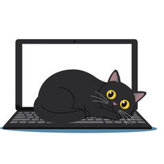 Flat icon of fluffy black cat with round yellow eyes sleeping on keyboard