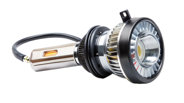 Automotive L E D headlight bulb with cooling fan and amber indicator light isolated on a transparent background