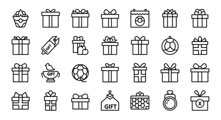 A diverse set of line art icons showcasing gift boxes with ribbons and bows, symbolizing presents for various celebrations and holidays