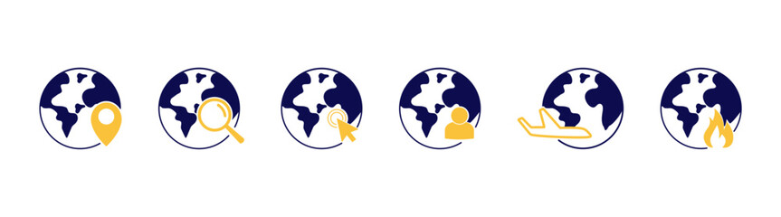 Set of icons related to globe, world, earth, map, geography, navigation, planet, global. Vector illustration of global and ecology related icons