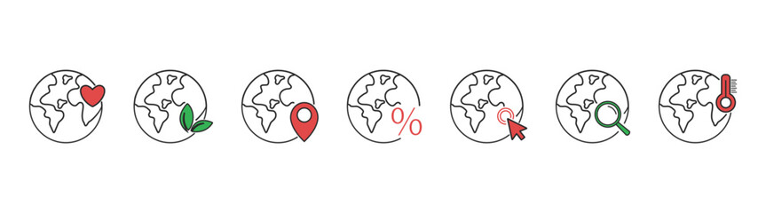 Set of globe related outline icons. World and planet linear icons. Elements for mobile concept and web apps. 