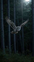 Grey owl in flight through moonlit forest