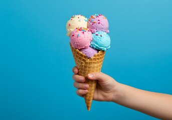 Deliciously Colorful Ice Cream Cone with Five Scrumptious Scoops Against a Bright Blue Background