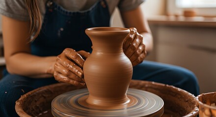 A woman shapes a clay vase on a pottery wheel, her hands covered in clay, in a bright, focused studio setting.