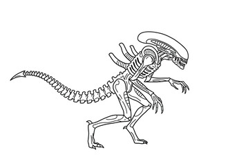 Alien xenomorph drawing. It is a black and white outline image of a xenomorph alien, a terrifying sci-fi creature from popular culture. Vector sketch line art draw.