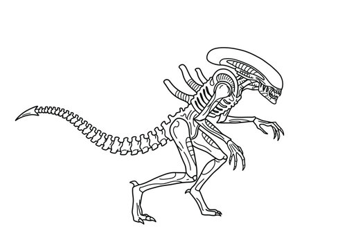 Alien xenomorph drawing. It is a black and white outline image of a xenomorph alien, a terrifying sci-fi creature from popular culture. Vector sketch line art draw.
