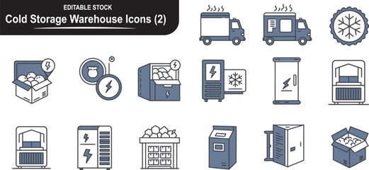 Cold Storage Warehouse Icons,  Vector icons in black and white showcasing 16 cold storage visuals