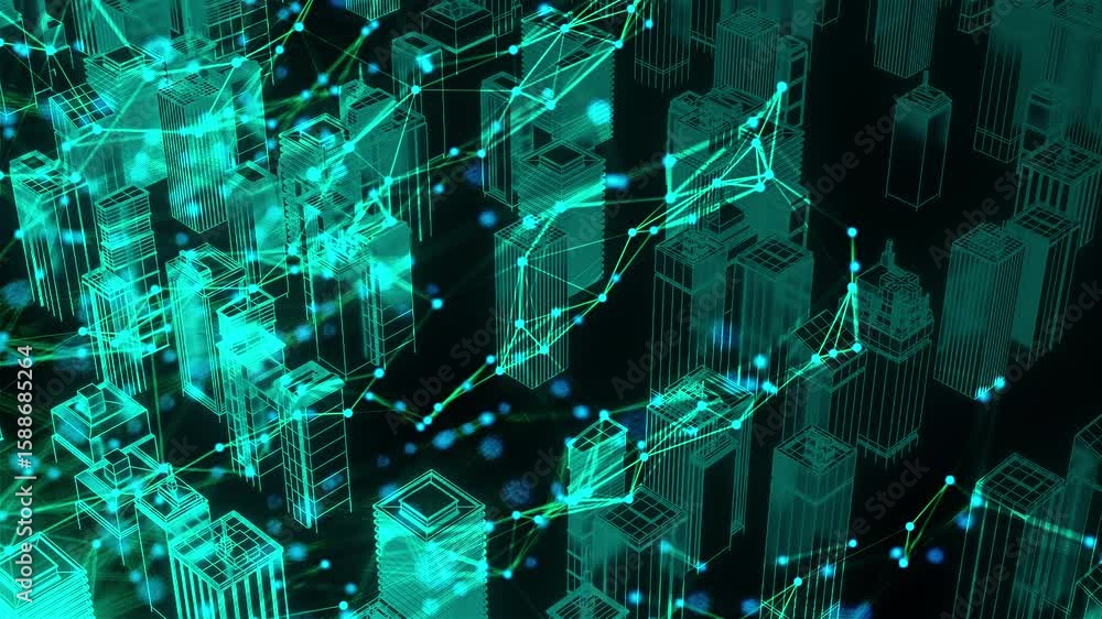 Poster digital city with abstract connection dots. computer generated 3d render