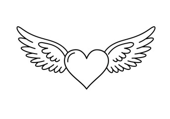 Obraz premium Angel heart drawing. It is a black and white outline image of a winged heart, symbolizing divine love, freedom, and spiritual connection. Vector sketch line art draw.