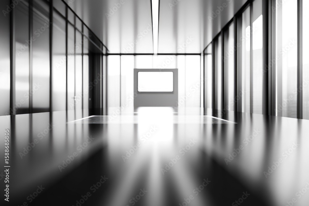 Poster modern minimalist conference room with a large window and a blank screen at the end of the table.
