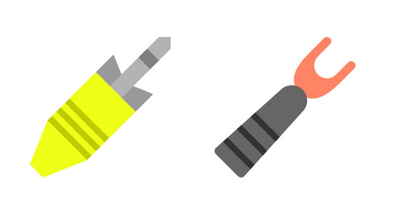 Flat vector illustration: yellow and gray audio jack, coral and gray connector.