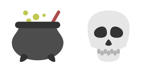 Spooky Halloween cauldron and skull: flat design, minimalist style, dark mood.