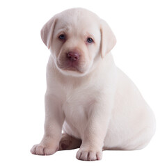 Fototapeta premium Adorable white Labrador puppy sitting and looking curiously, perfect for capturing the essence of youthful playfulness and companionship.