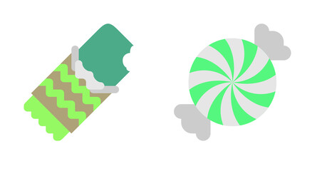 Flat design illustration: partially eaten candy bar and mint candy swirl.