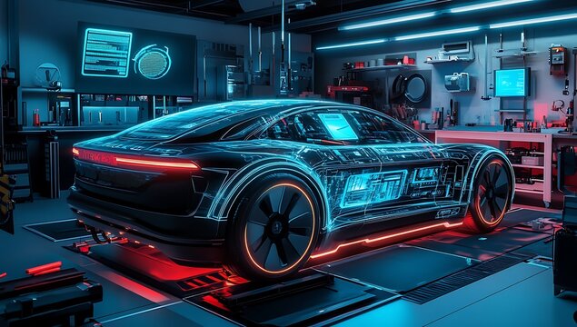 Futuristic car schematic with glowing blue and red neon outlines in a workshop blueprint technology - Powered by Adobe