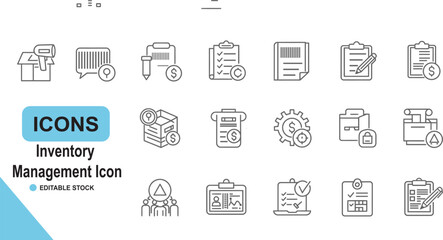 Inventory Management Icons, Black and white vector icons featuring 16 inventory-related elements like barcode scanner