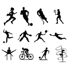 sports icons , soccer, basketball, baseball, tennis, golf, football, hockey, volleyball, swimming, running, cycling, boxing, wrestling, gymnastics, cricket, rugby, skiing, snowboarding, skateboarding,