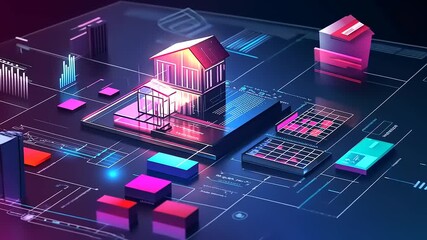 Futuristic digital house model surrounded by vibrant data visualizations and technology elements - Powered by Adobe