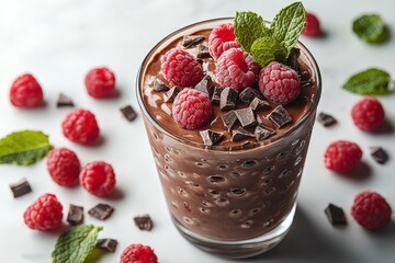 Vegan chocolate avocado mousse in glass cup with raspberries and mint garnish, isolated on white with realistic texture