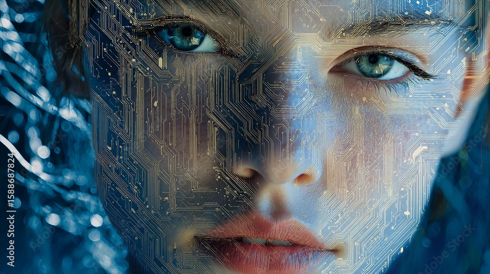Poster futuristic female face merged with digital circuit board patterns for technology and artificial inte